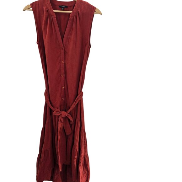 Drew X Anthropologie Red Rust Hi-Lo Waist Tie V-Neck Cotton Button Midi Dress XS - Picture 1 of 15